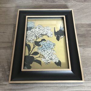 Y2K Wooden Frame and Chinese Watercolour Postcard of Bird with Flowers